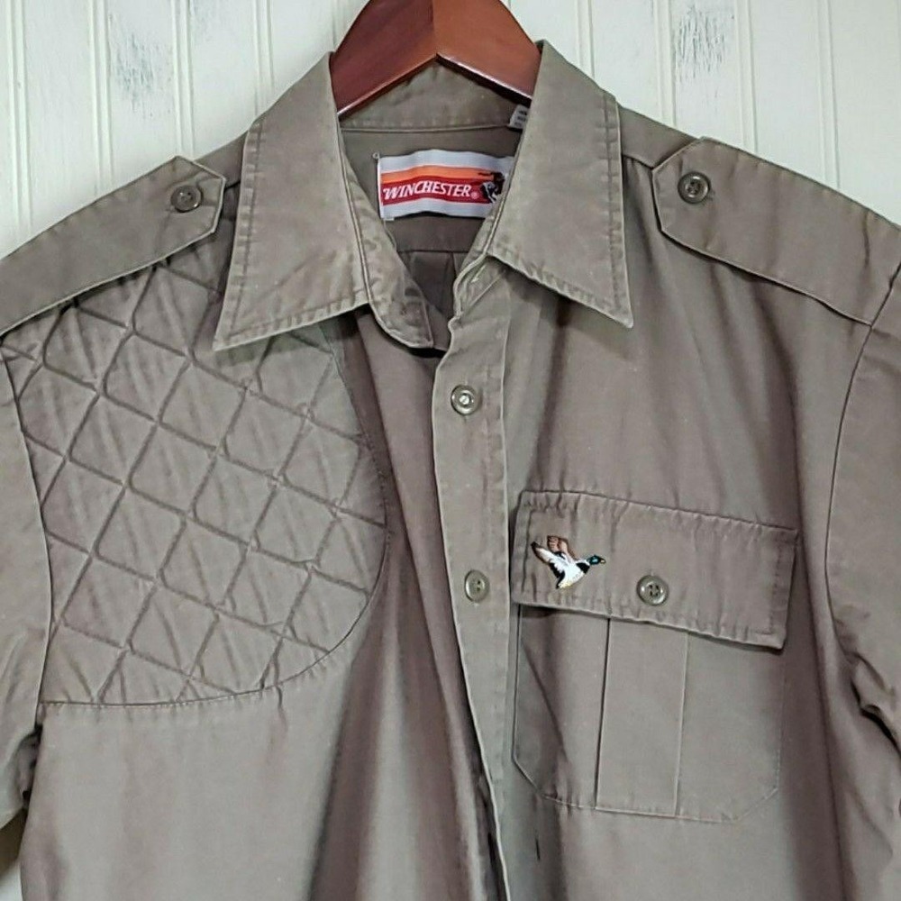 Winchester Shirt Mens Medium Brown Quilted Duck Hunting Short Sleeve Button-Up‎